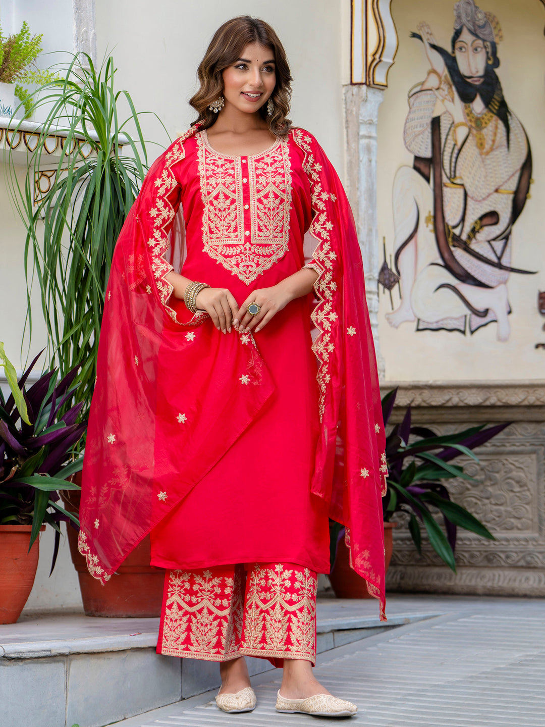 Women's Embroidered Silk Blend Calf Length Straight Kurta with Palazzo & Dupatta Set - FitVibe Fashion