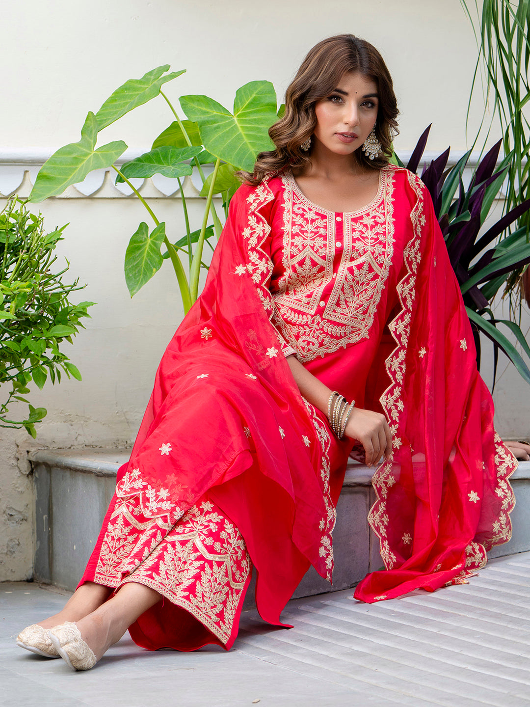 Women's Embroidered Silk Blend Calf Length Straight Kurta with Palazzo & Dupatta Set - FitVibe Fashion