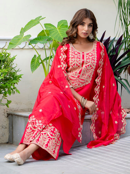 Women's Embroidered Silk Blend Calf Length Straight Kurta with Palazzo & Dupatta Set - FitVibe Fashion