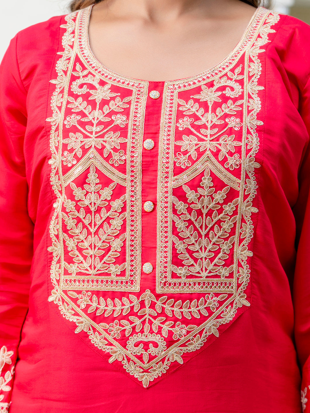 Women's Embroidered Silk Blend Calf Length Straight Kurta with Palazzo & Dupatta Set - FitVibe Fashion