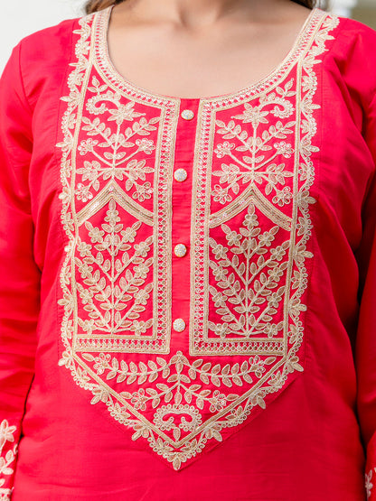 Women's Embroidered Silk Blend Calf Length Straight Kurta with Palazzo & Dupatta Set - FitVibe Fashion