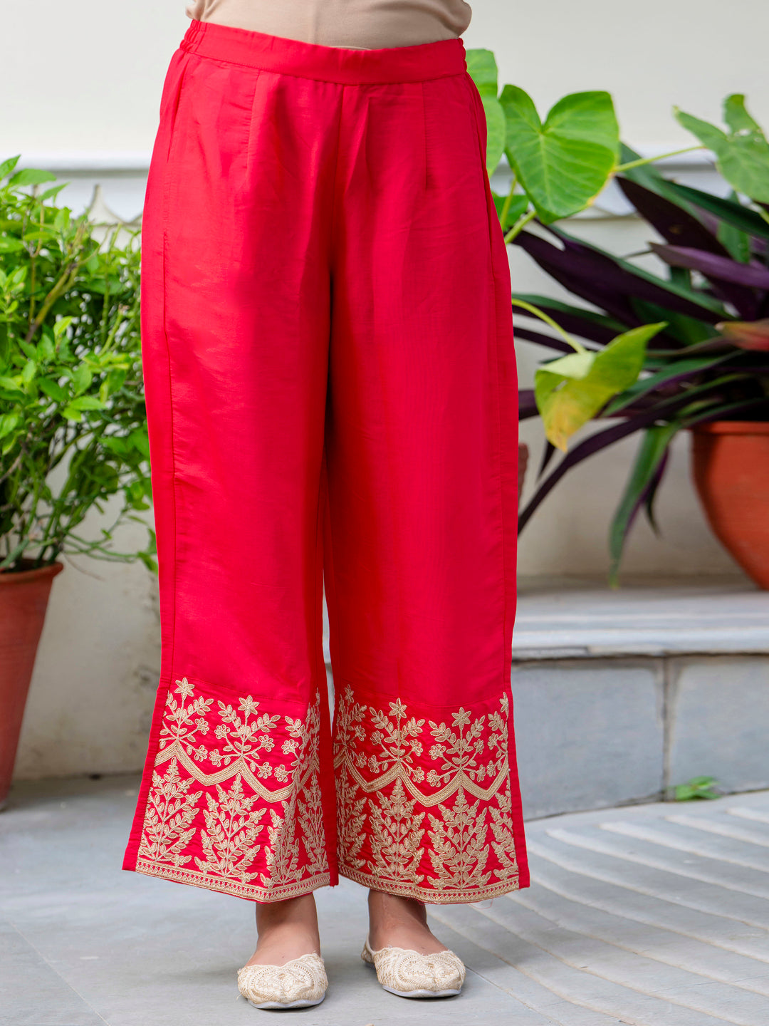 Women's Embroidered Silk Blend Calf Length Straight Kurta with Palazzo & Dupatta Set - FitVibe Fashion