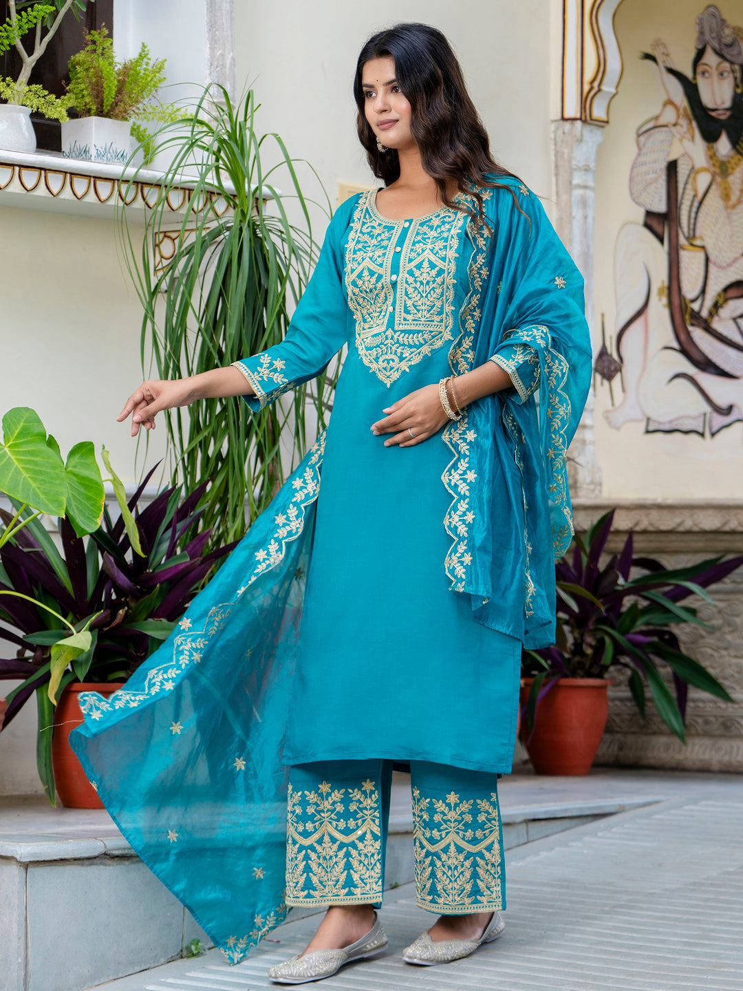 Women's Embroidered Silk Blend Calf Length Straight Kurta with Palazzo & Dupatta Set - FitVibe Fashion