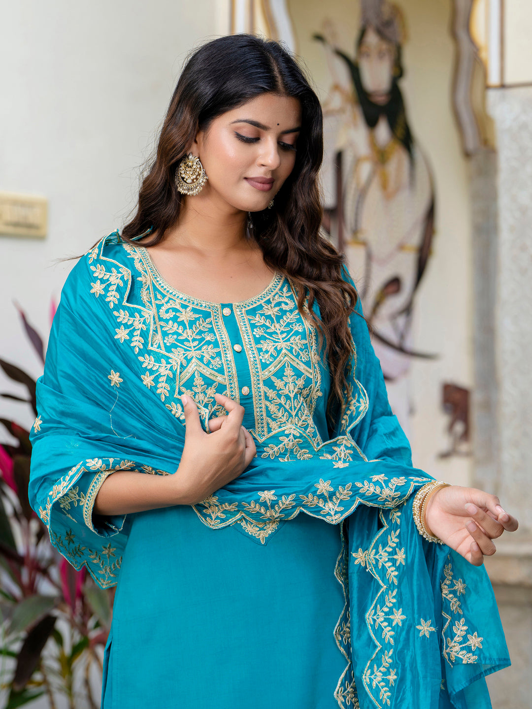 Women's Embroidered Silk Blend Calf Length Straight Kurta with Palazzo & Dupatta Set - FitVibe Fashion