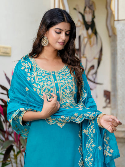 Women's Embroidered Silk Blend Calf Length Straight Kurta with Palazzo & Dupatta Set - FitVibe Fashion