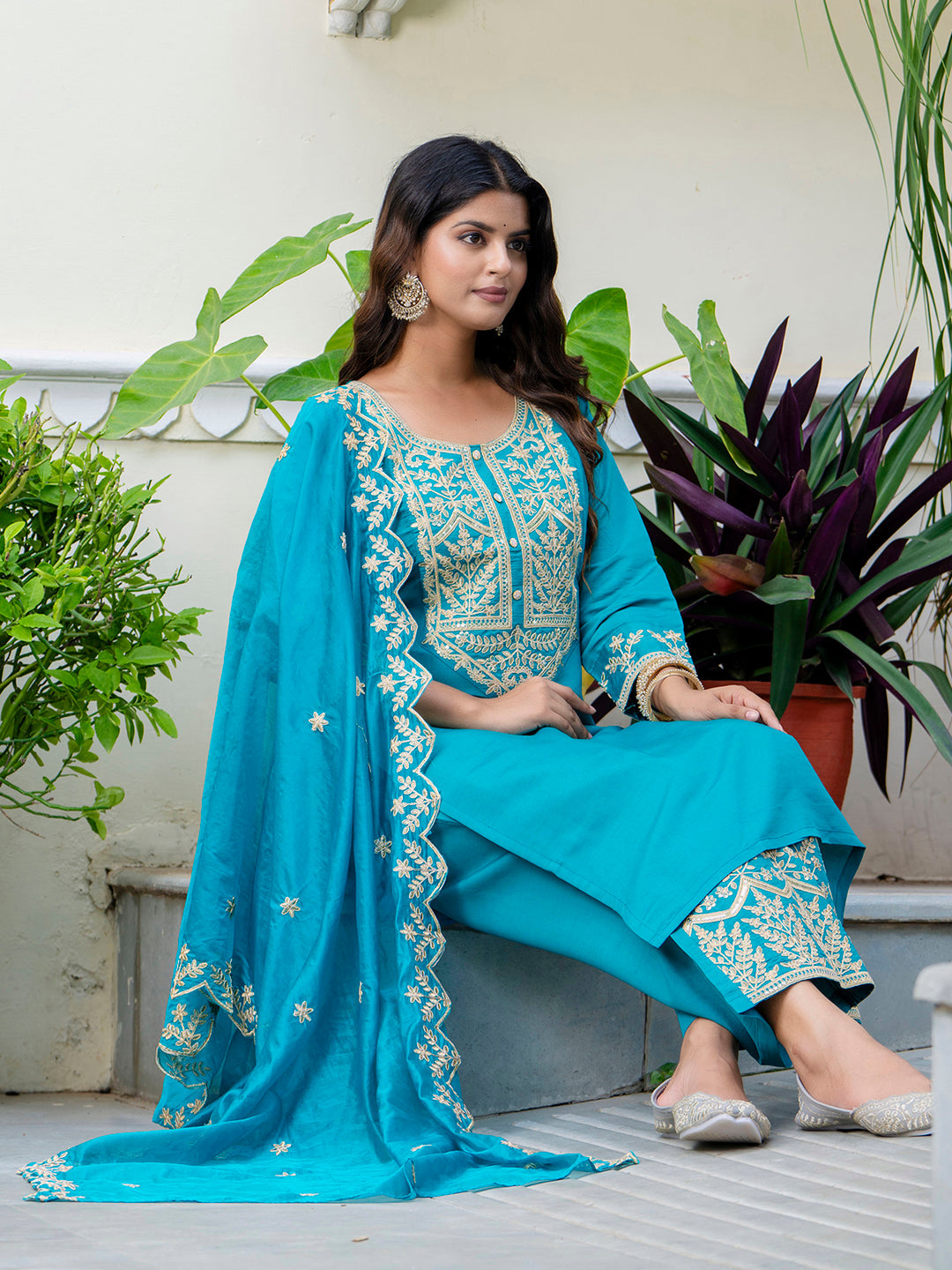 Women's Embroidered Silk Blend Calf Length Straight Kurta with Palazzo & Dupatta Set - FitVibe Fashion