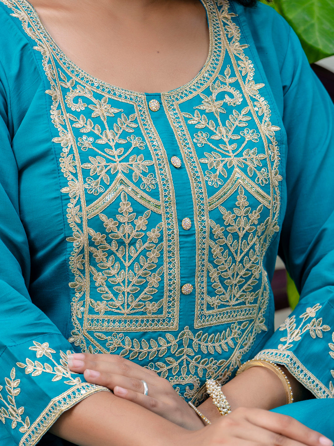 Women's Embroidered Silk Blend Calf Length Straight Kurta with Palazzo & Dupatta Set - FitVibe Fashion