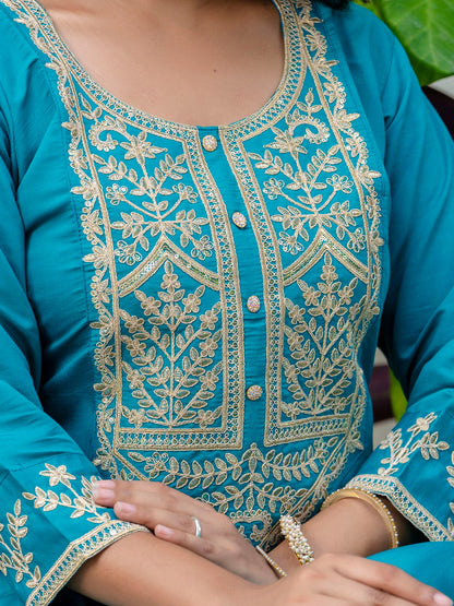 Women's Embroidered Silk Blend Calf Length Straight Kurta with Palazzo & Dupatta Set - FitVibe Fashion