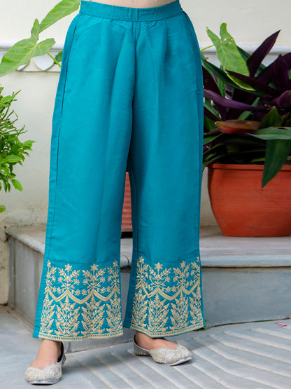 Women's Embroidered Silk Blend Calf Length Straight Kurta with Palazzo & Dupatta Set - FitVibe Fashion