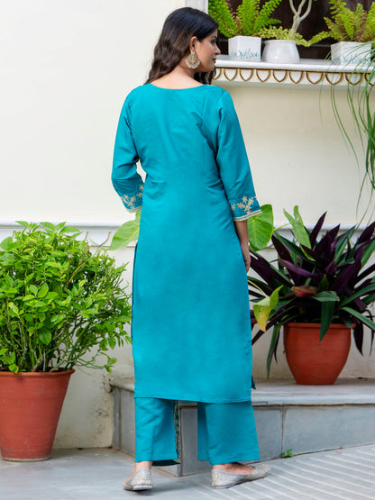 Women's Embroidered Silk Blend Calf Length Straight Kurta with Palazzo & Dupatta Set - FitVibe Fashion