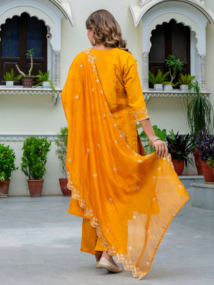 Women's Embroidered Silk Blend Calf Length Straight Kurta with Palazzo & Dupatta Set - FitVibe Fashion