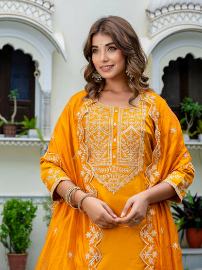 Women's Embroidered Silk Blend Calf Length Straight Kurta with Palazzo & Dupatta Set - FitVibe Fashion