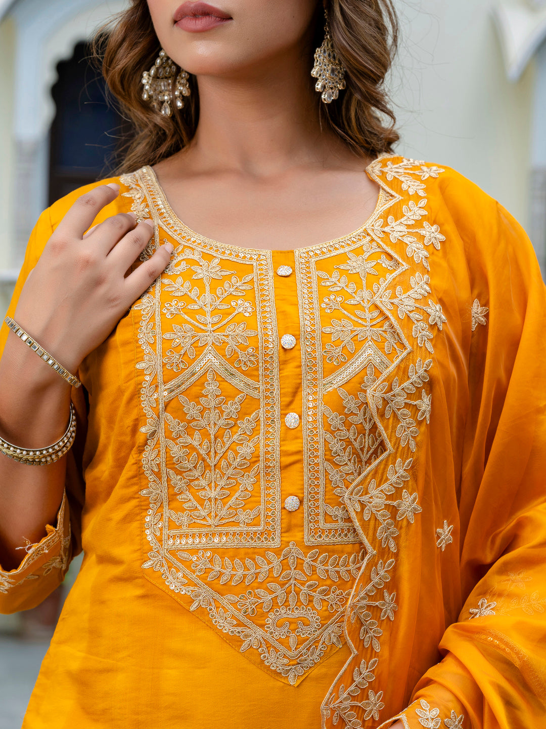 Women's Embroidered Silk Blend Calf Length Straight Kurta with Palazzo & Dupatta Set - FitVibe Fashion