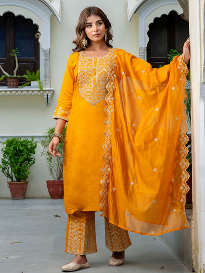 Women's Embroidered Silk Blend Calf Length Straight Kurta with Palazzo & Dupatta Set - FitVibe Fashion
