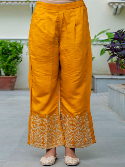 Women's Embroidered Silk Blend Calf Length Straight Kurta with Palazzo & Dupatta Set - FitVibe Fashion