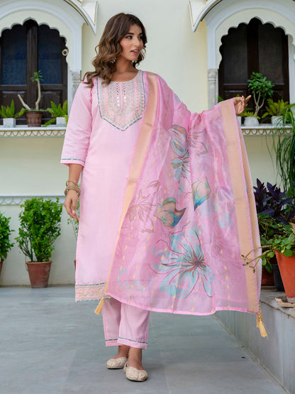 Women's Embroidered Silk Blend Calf Length Straight Kurta Trouser with Dupatta Set - FitVibe Fashion