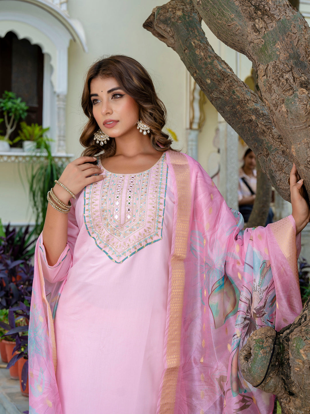 Women's Embroidered Silk Blend Calf Length Straight Kurta Trouser with Dupatta Set - FitVibe Fashion