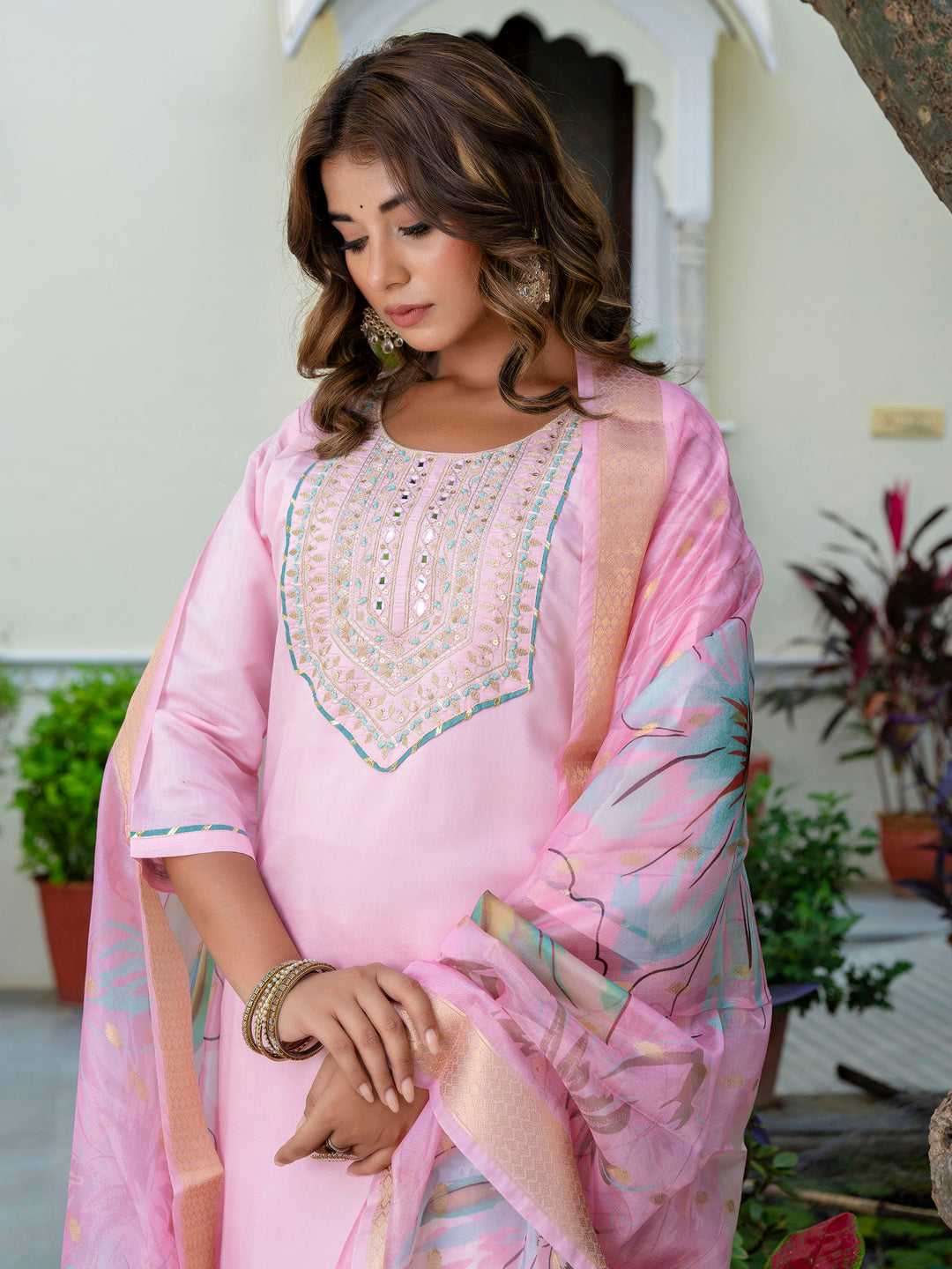 Women's Embroidered Silk Blend Calf Length Straight Kurta Trouser with Dupatta Set - FitVibe Fashion