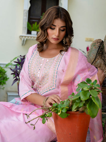 Women's Embroidered Silk Blend Calf Length Straight Kurta Trouser with Dupatta Set - FitVibe Fashion