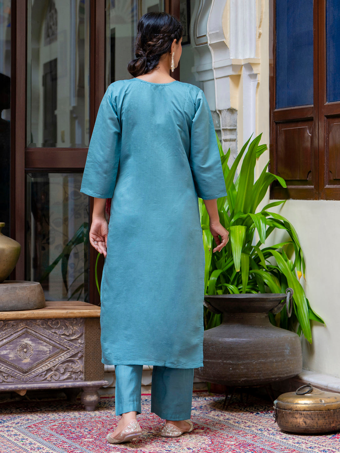 Women's Embroidered Silk Blend Calf Length Straight Kurta Trouser with Dupatta Set - FitVibe Fashion