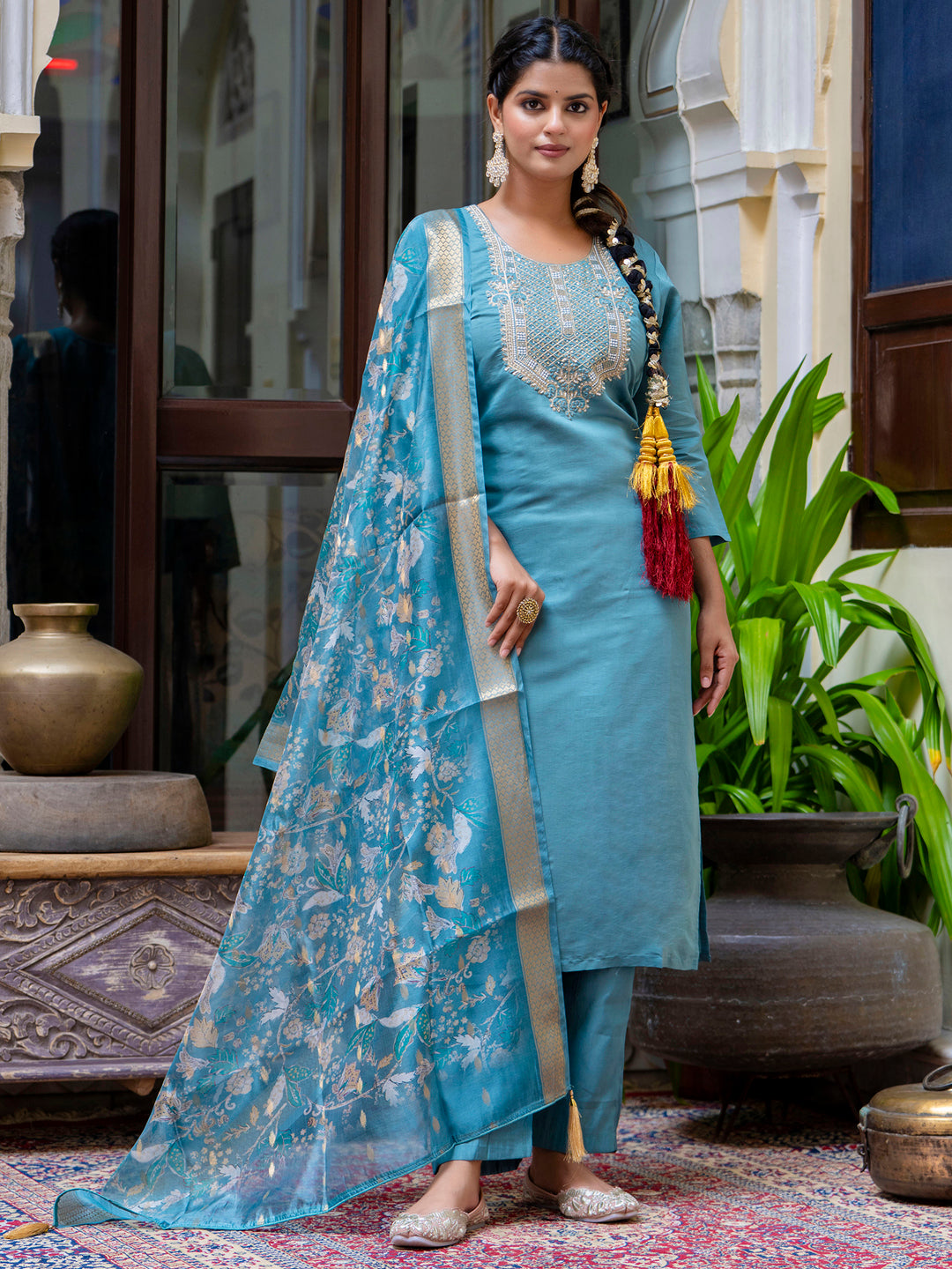 Women's Embroidered Silk Blend Calf Length Straight Kurta Trouser with Dupatta Set - FitVibe Fashion