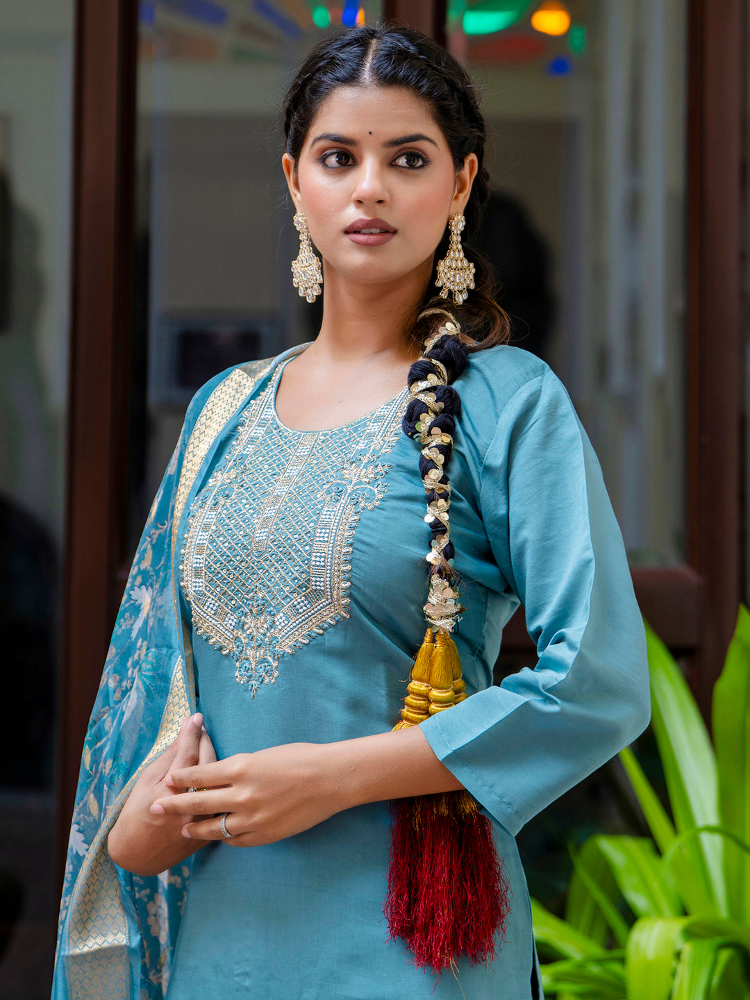 Women's Embroidered Silk Blend Calf Length Straight Kurta Trouser with Dupatta Set - FitVibe Fashion