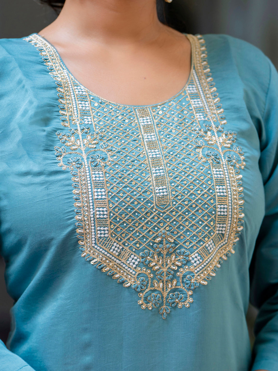 Women's Embroidered Silk Blend Calf Length Straight Kurta Trouser with Dupatta Set - FitVibe Fashion