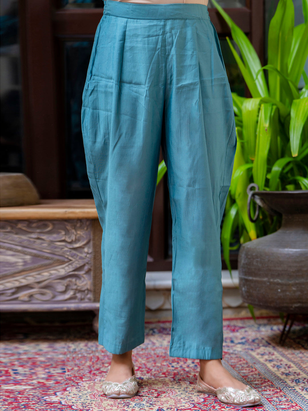 Women's Embroidered Silk Blend Calf Length Straight Kurta Trouser with Dupatta Set - FitVibe Fashion