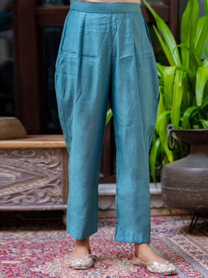 Women's Embroidered Silk Blend Calf Length Straight Kurta Trouser with Dupatta Set - FitVibe Fashion