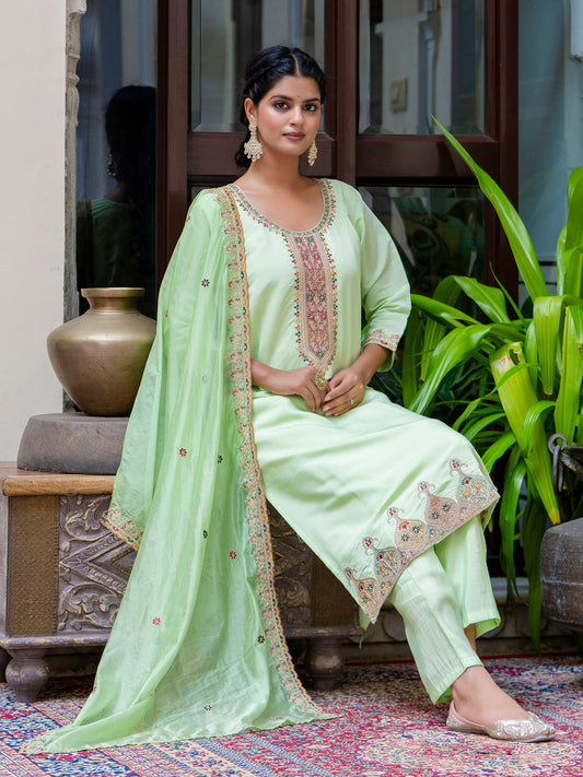 Women's Embroidered Silk Blend Calf Length Straight Kurta Trouser with Dupatta Set - FitVibe Fashion