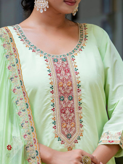 Women's Embroidered Silk Blend Calf Length Straight Kurta Trouser with Dupatta Set - FitVibe Fashion