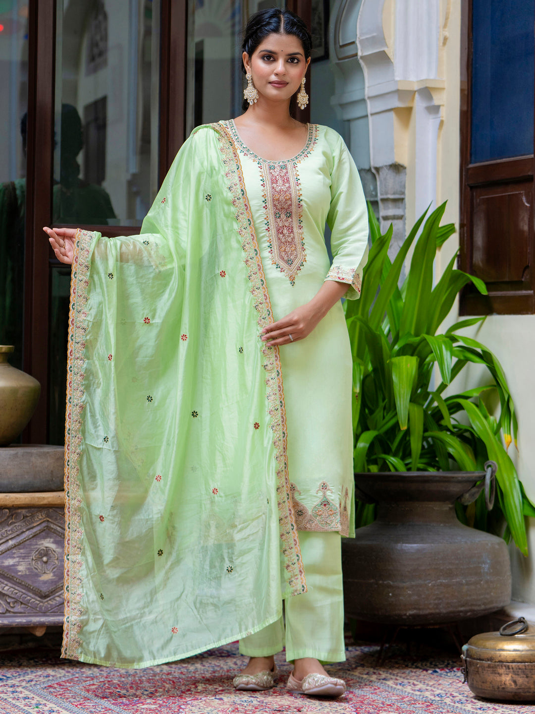 Women's Embroidered Silk Blend Calf Length Straight Kurta Trouser with Dupatta Set - FitVibe Fashion