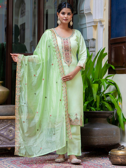 Women's Embroidered Silk Blend Calf Length Straight Kurta Trouser with Dupatta Set - FitVibe Fashion