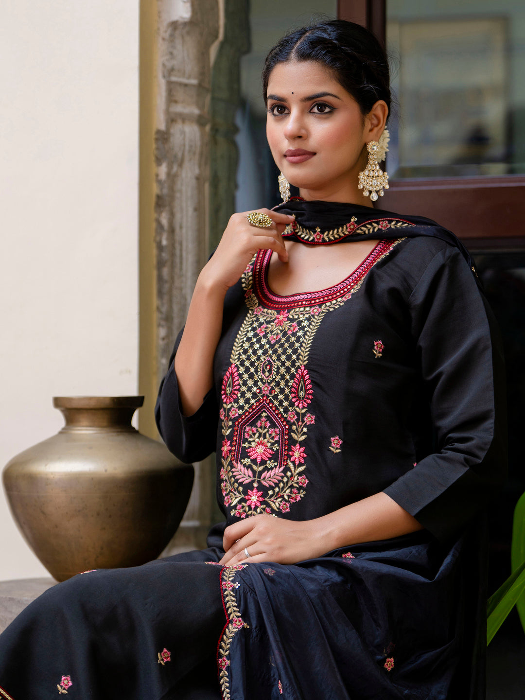 Women's Embroidered Silk Blend Calf Length Straight Kurta Trouser with Dupatta Set - FitVibe Fashion