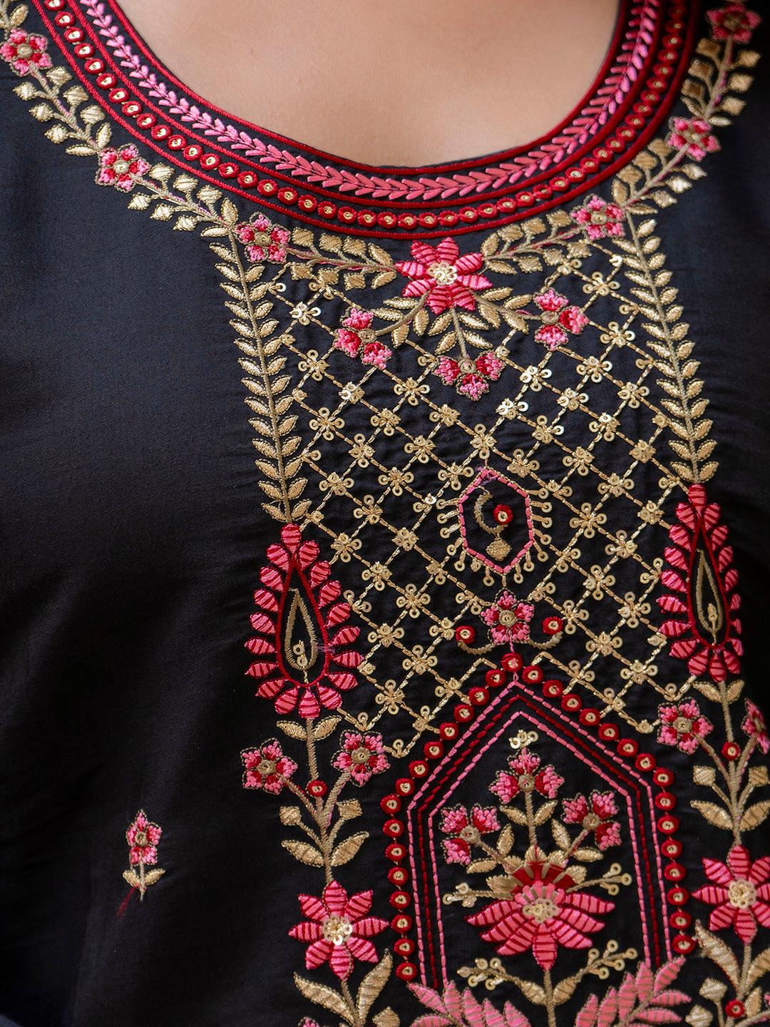 Women's Embroidered Silk Blend Calf Length Straight Kurta Trouser with Dupatta Set - FitVibe Fashion