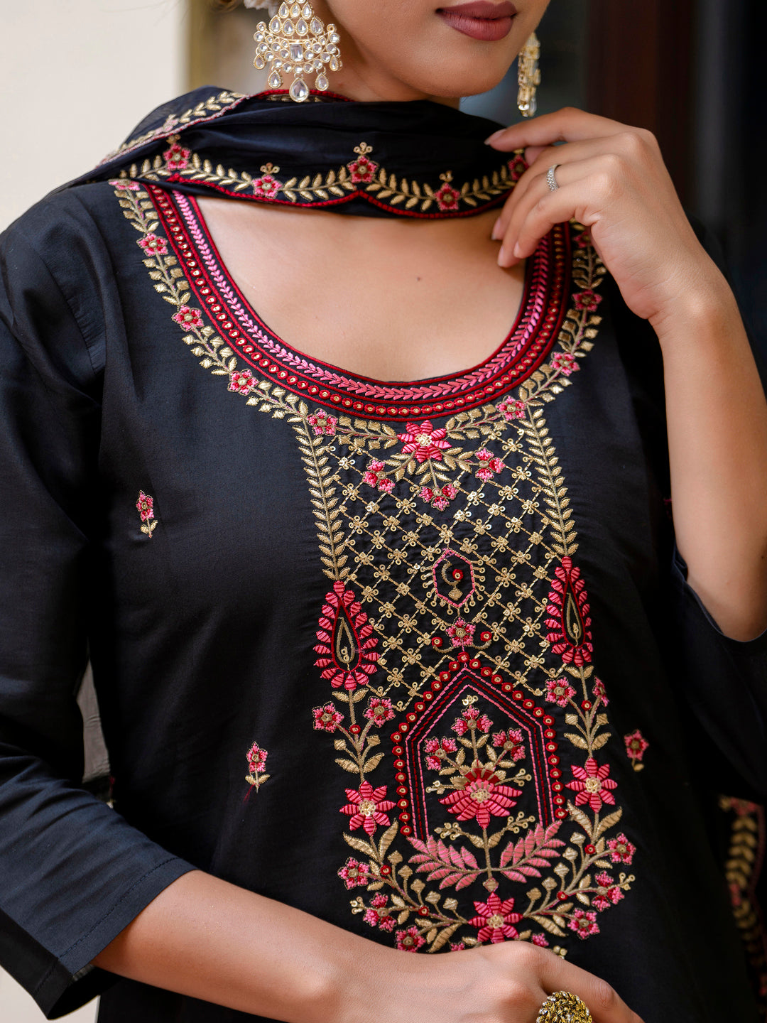 Women's Embroidered Silk Blend Calf Length Straight Kurta Trouser with Dupatta Set - FitVibe Fashion