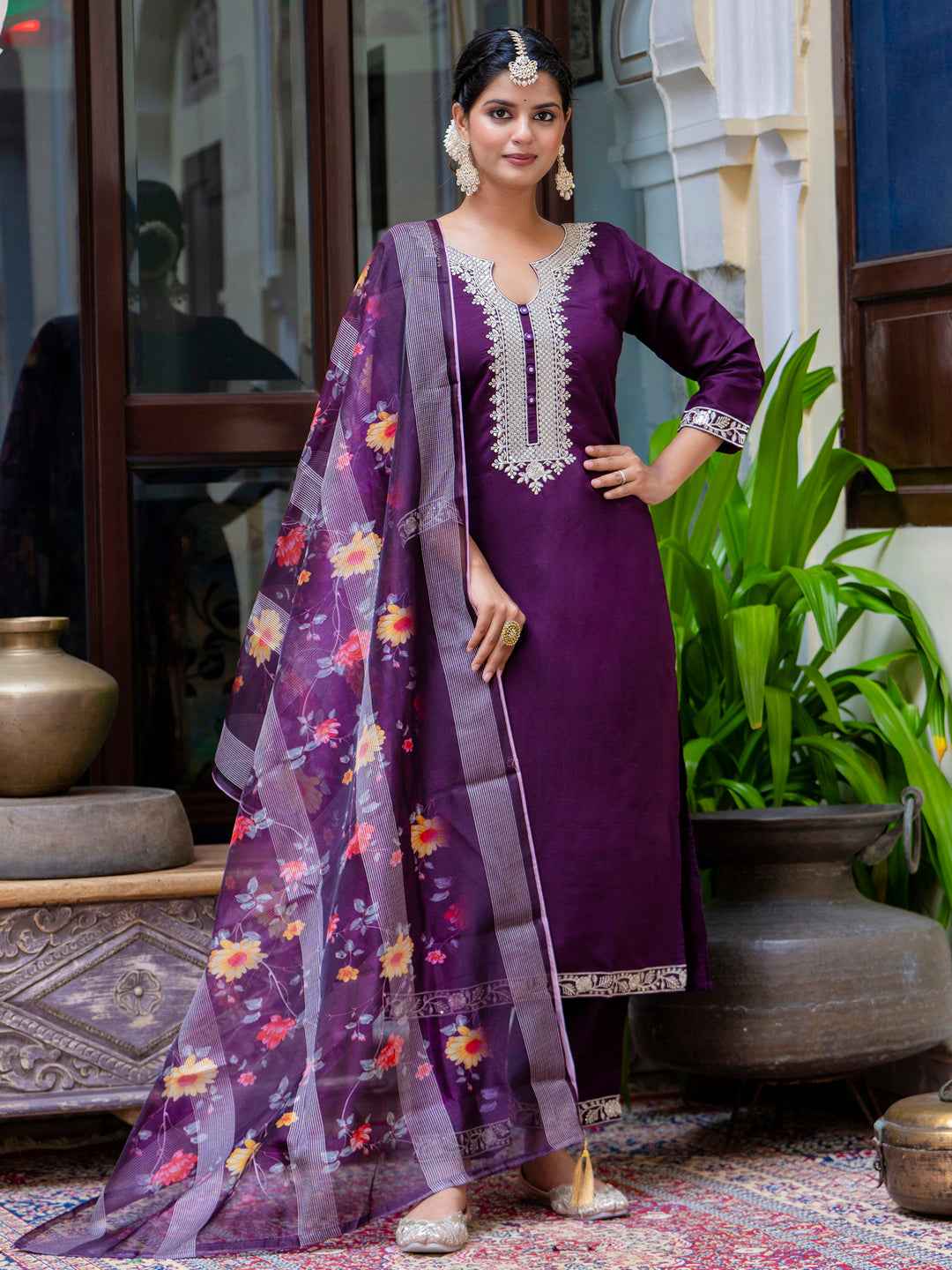 Abhaya  Women’s Viscose Roman Silk Embroidery Straight Kurta Pant with Dupatta Set