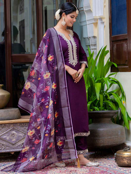 Abhaya  Women’s Viscose Roman Silk Embroidery Straight Kurta Pant with Dupatta Set