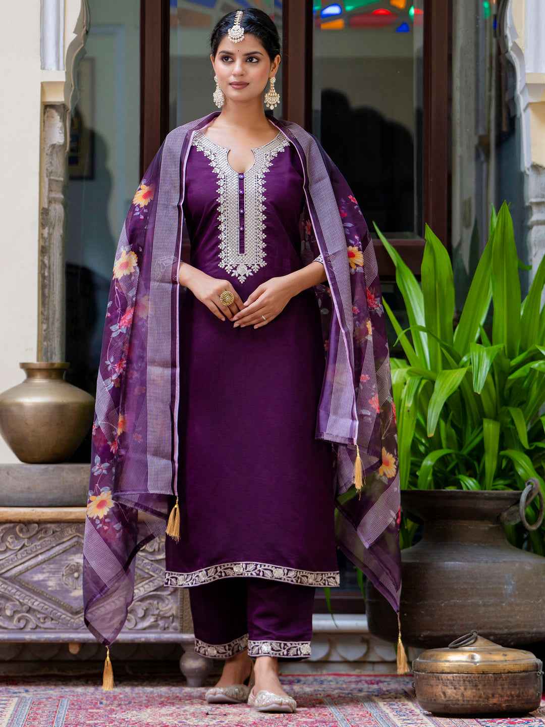 Abhaya  Women’s Viscose Roman Silk Embroidery Straight Kurta Pant with Dupatta Set