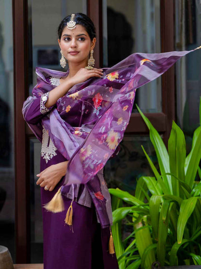 Abhaya  Women’s Viscose Roman Silk Embroidery Straight Kurta Pant with Dupatta Set