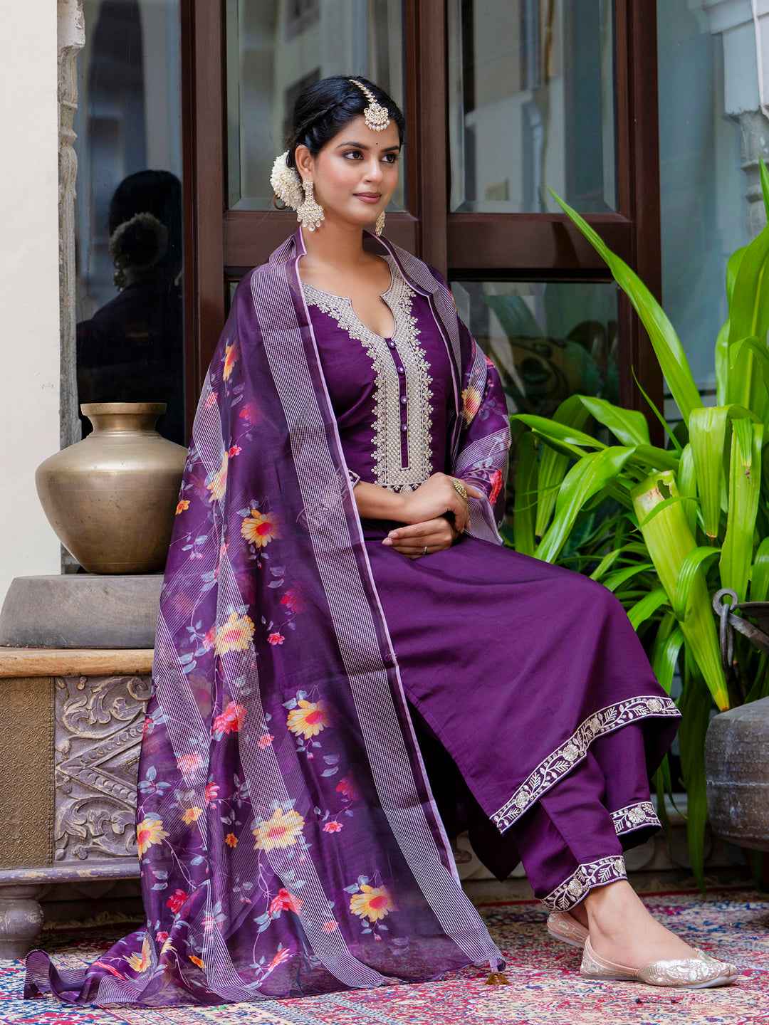 Abhaya  Women’s Viscose Roman Silk Embroidery Straight Kurta Pant with Dupatta Set