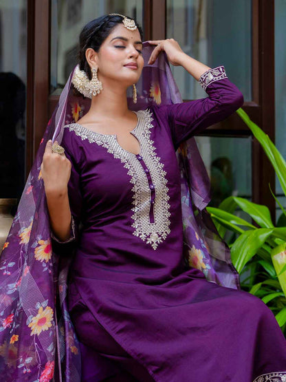 Abhaya  Women’s Viscose Roman Silk Embroidery Straight Kurta Pant with Dupatta Set