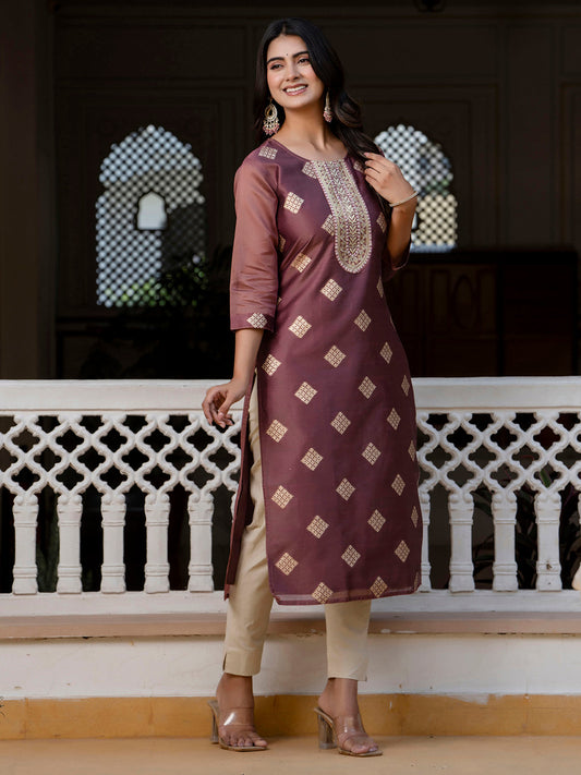 Women Embroidered Silk Blend Straight Kurta - FitVibe Fashion