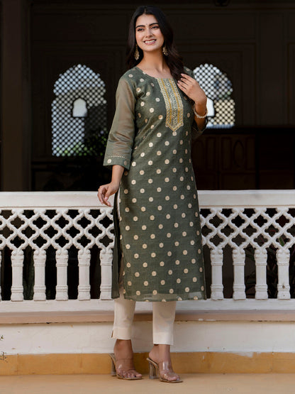 Women Embroidered Silk Blend Straight Kurta - FitVibe Fashion