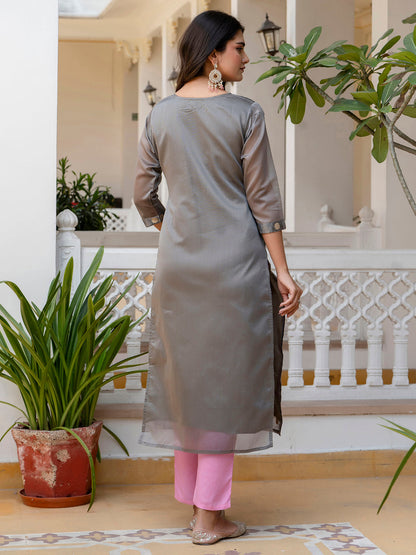 Women Embroidered Silk Blend Straight Kurta - FitVibe Fashion