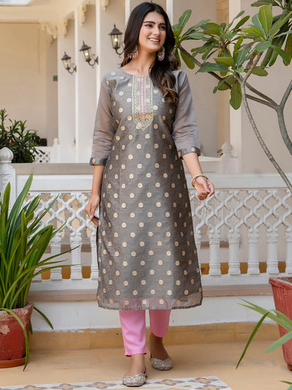 Women Embroidered Silk Blend Straight Kurta - FitVibe Fashion