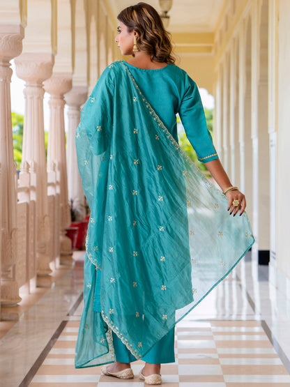 Women's Embroidered Silk Blend Calf Length Straight Kurta with Palazzo & Dupatta Set - FitVibe Fashion