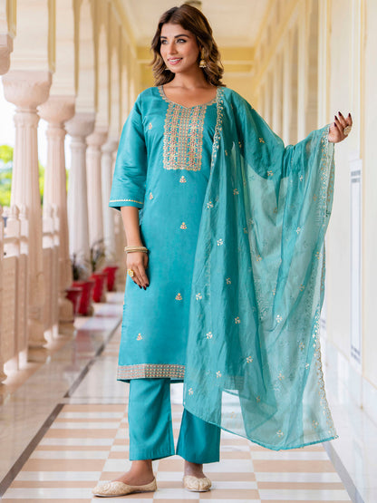 Women's Embroidered Silk Blend Calf Length Straight Kurta with Palazzo & Dupatta Set - FitVibe Fashion