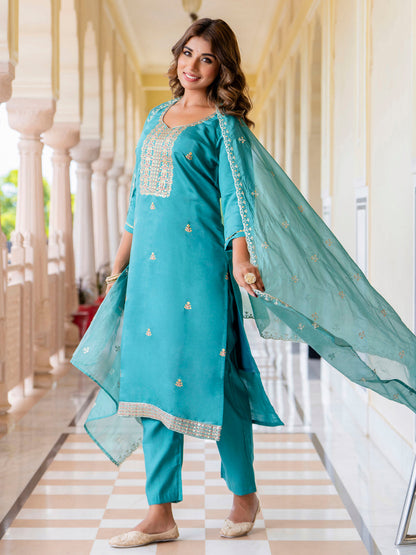 Women's Embroidered Silk Blend Calf Length Straight Kurta with Palazzo & Dupatta Set - FitVibe Fashion