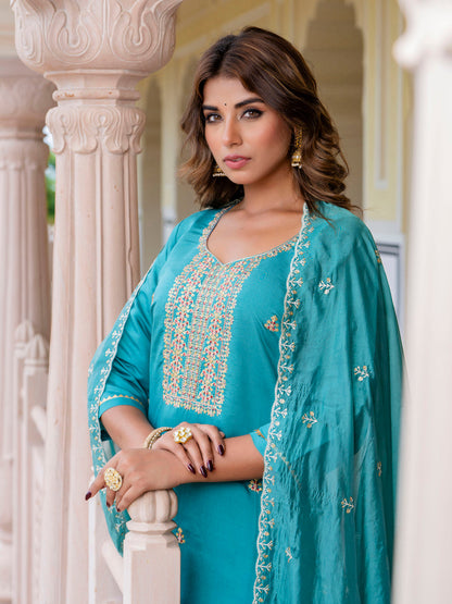 Women's Embroidered Silk Blend Calf Length Straight Kurta with Palazzo & Dupatta Set - FitVibe Fashion